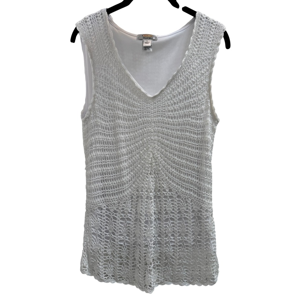 Talbots Crochet Top Womens L White Hand Knit V-Neck Lined Sleeveless feminine